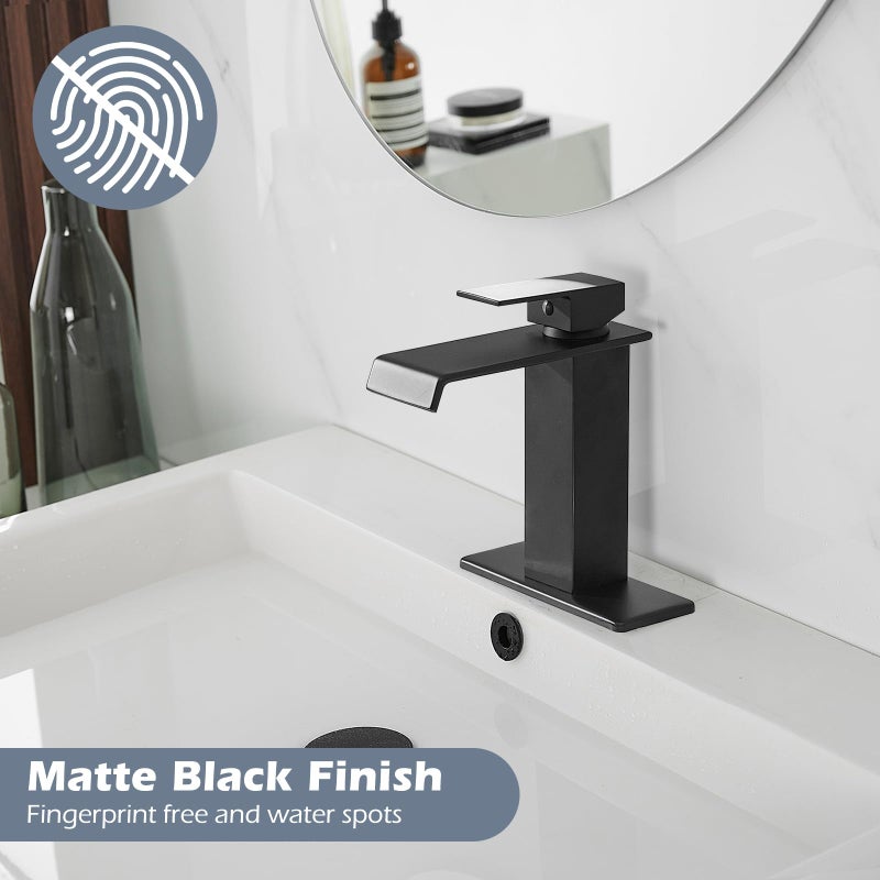 BWE Black Bathroom Faucet Modern Waterfall Matte Black Bathroom Sink Faucet Single Hole with Pop Up Drain Parts Spout Bath Lavatory Vanity Stopper Overflow and Supply Hose Single Handle - Image 4